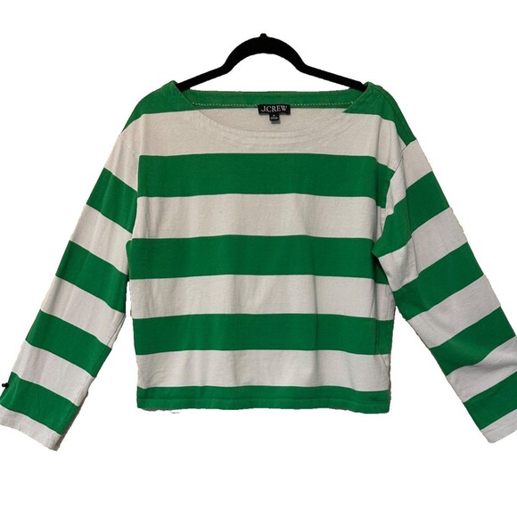 J.Crew relaxed, long sleeve Boat Neck Green Striped top M - Picture 1 of 12